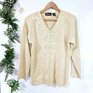 Vintage Cavalini Knit‎ Sweater Cream Embroidered Pearl Beaded V-Neck Cottagecore